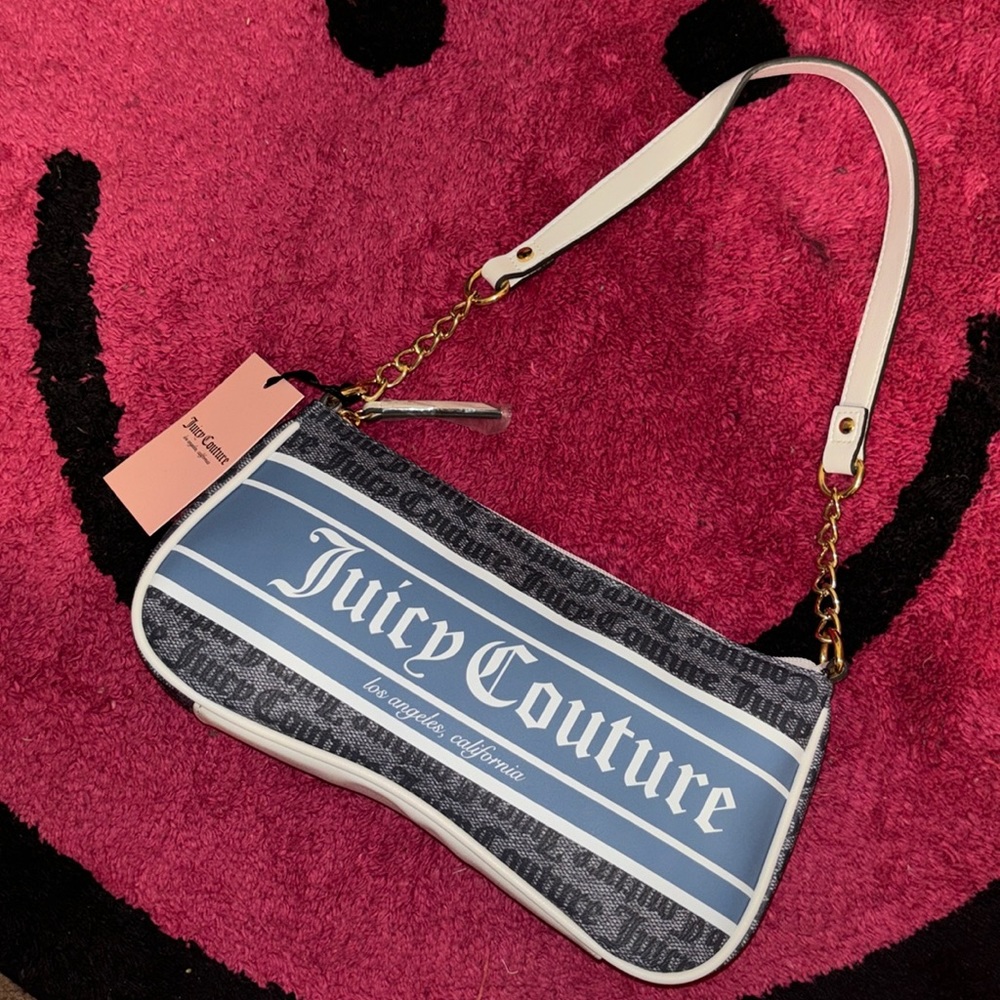 NWT JUICY COUTURE STATUS DENIM FASHIONISTA SHOULDER BAG BLUE AND WHITE PURSE